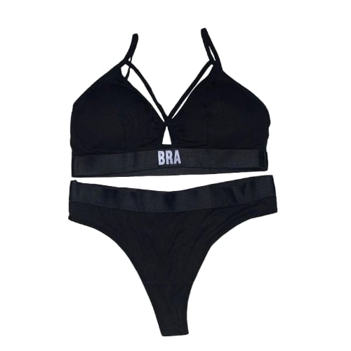 Ribbed Activewear Bra and Seamless Bottoms Set - Black