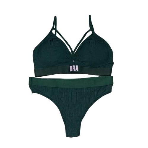 Ribbed Activewear Bra and Seamless Bottoms Set - Dark Green